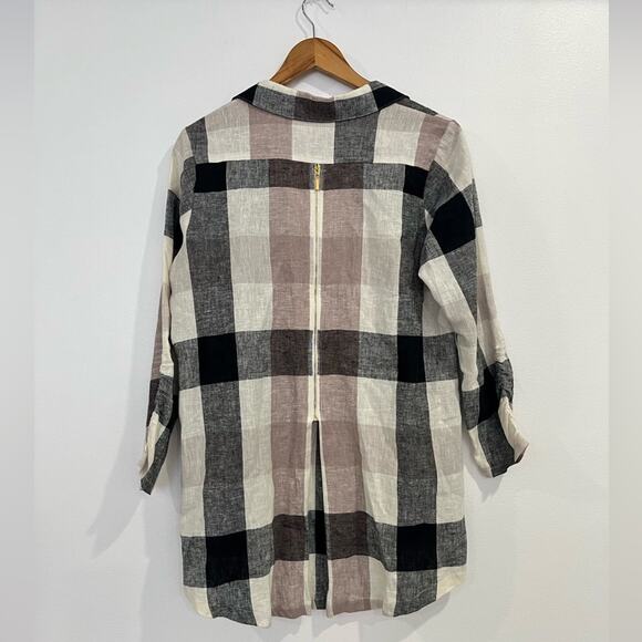 Soft Surroundings Medium Linen Blend Plaid Blouse button up Zipped Back #2BU60 - Picture 3 of 9